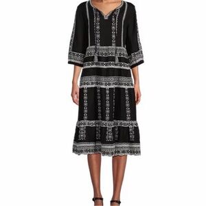 NWT John Mark Black White Linen Embroidered Pullover Dress Size Medium Boho